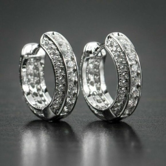 New Men’s 14k Gold Plated Silver Sim. Diamond Hoop Studs - Picture 1 of 4